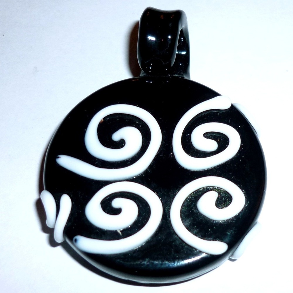 Handmade Black and White Spiral Lampwork Glass Disc Pendant Small Chip